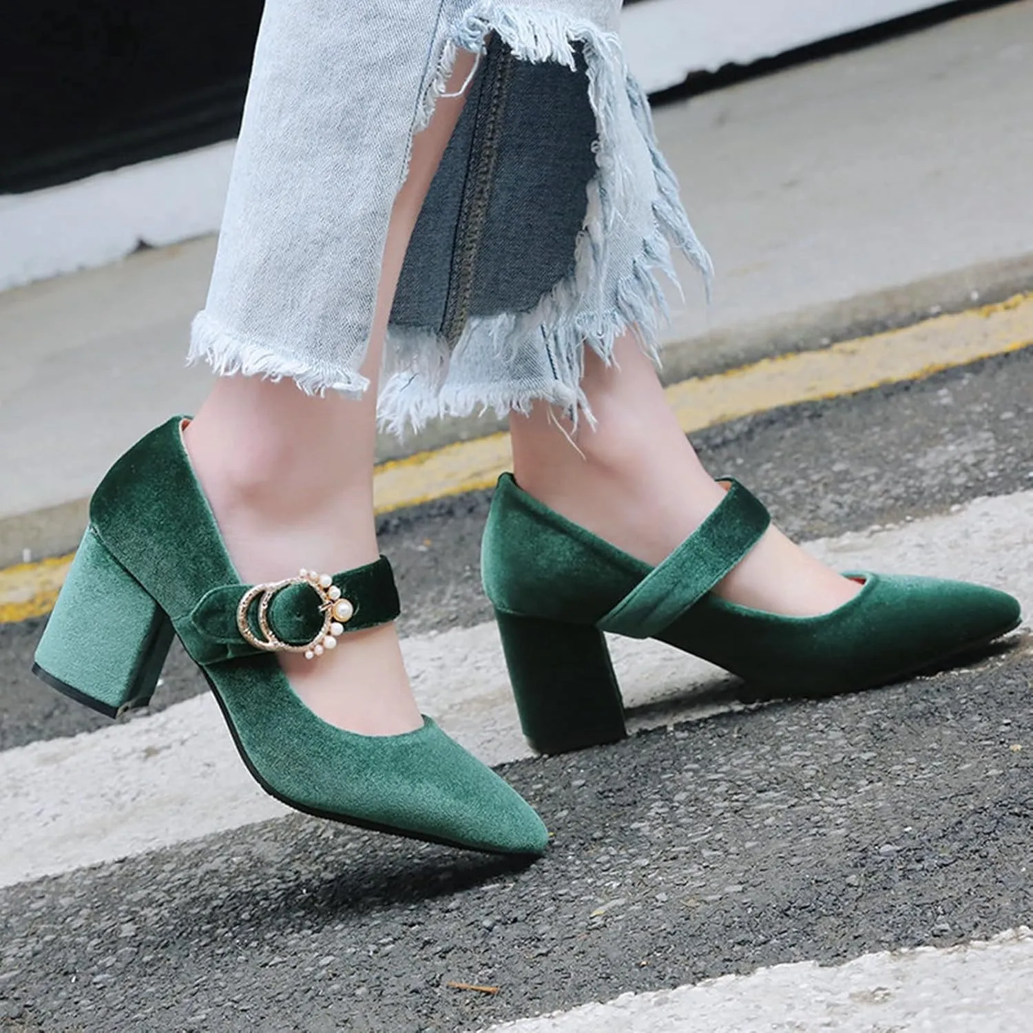 Women's Pointed Toe Mary Jane Dress Shoes Velvet Rhinestone Buckle Chunky High Heeled Wedding Pumps