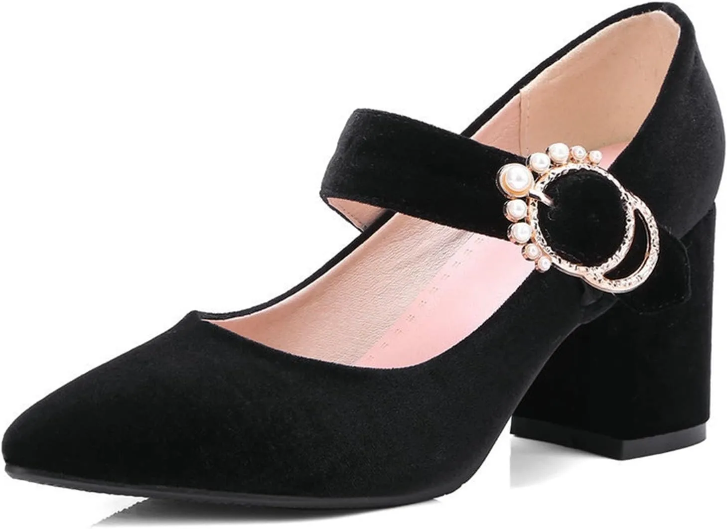 Women's Pointed Toe Mary Jane Dress Shoes Velvet Rhinestone Buckle Chunky High Heeled Wedding Pumps