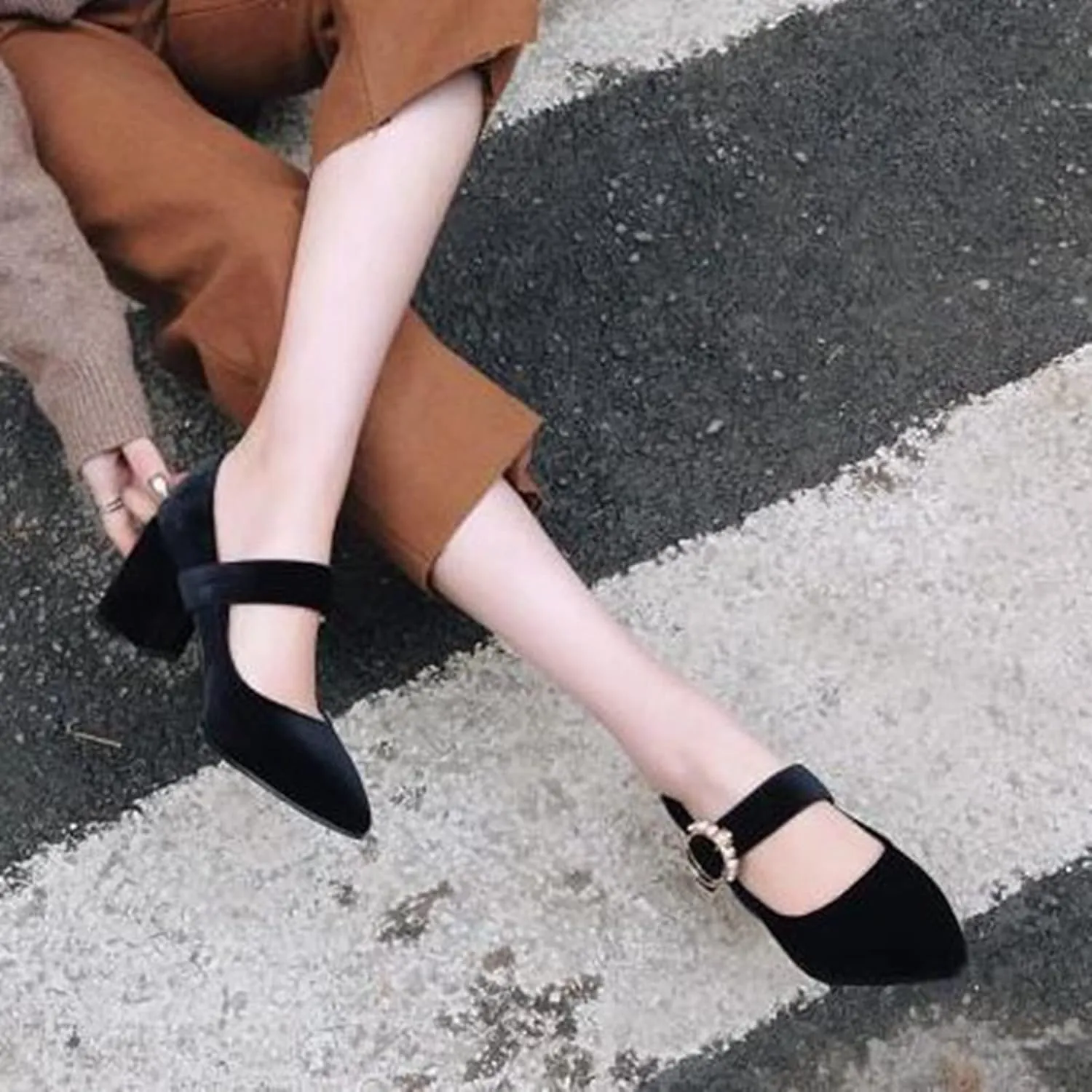 Women's Pointed Toe Mary Jane Dress Shoes Velvet Rhinestone Buckle Chunky High Heeled Wedding Pumps