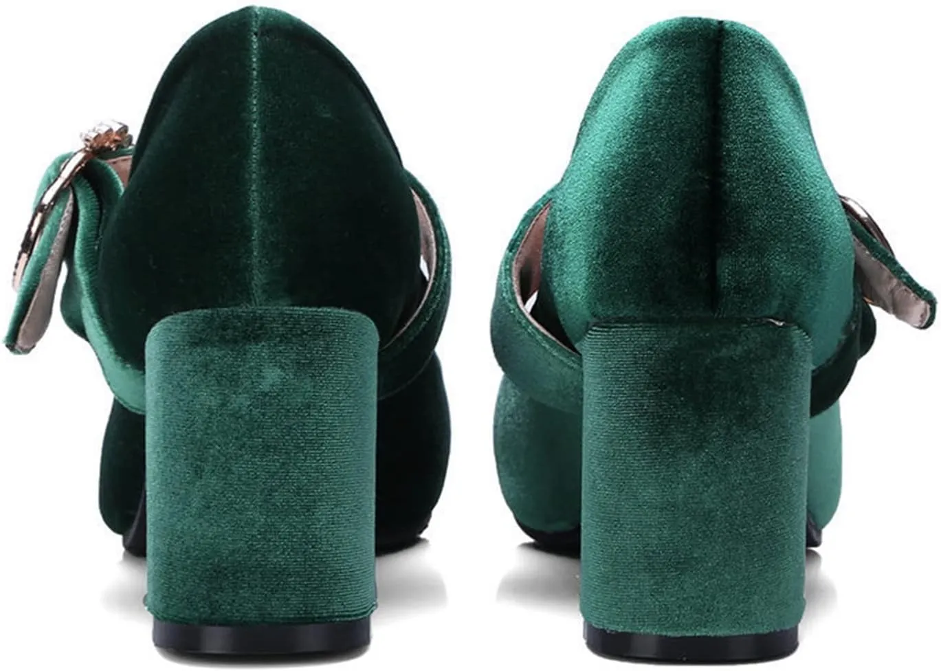 Women's Pointed Toe Mary Jane Dress Shoes Velvet Rhinestone Buckle Chunky High Heeled Wedding Pumps