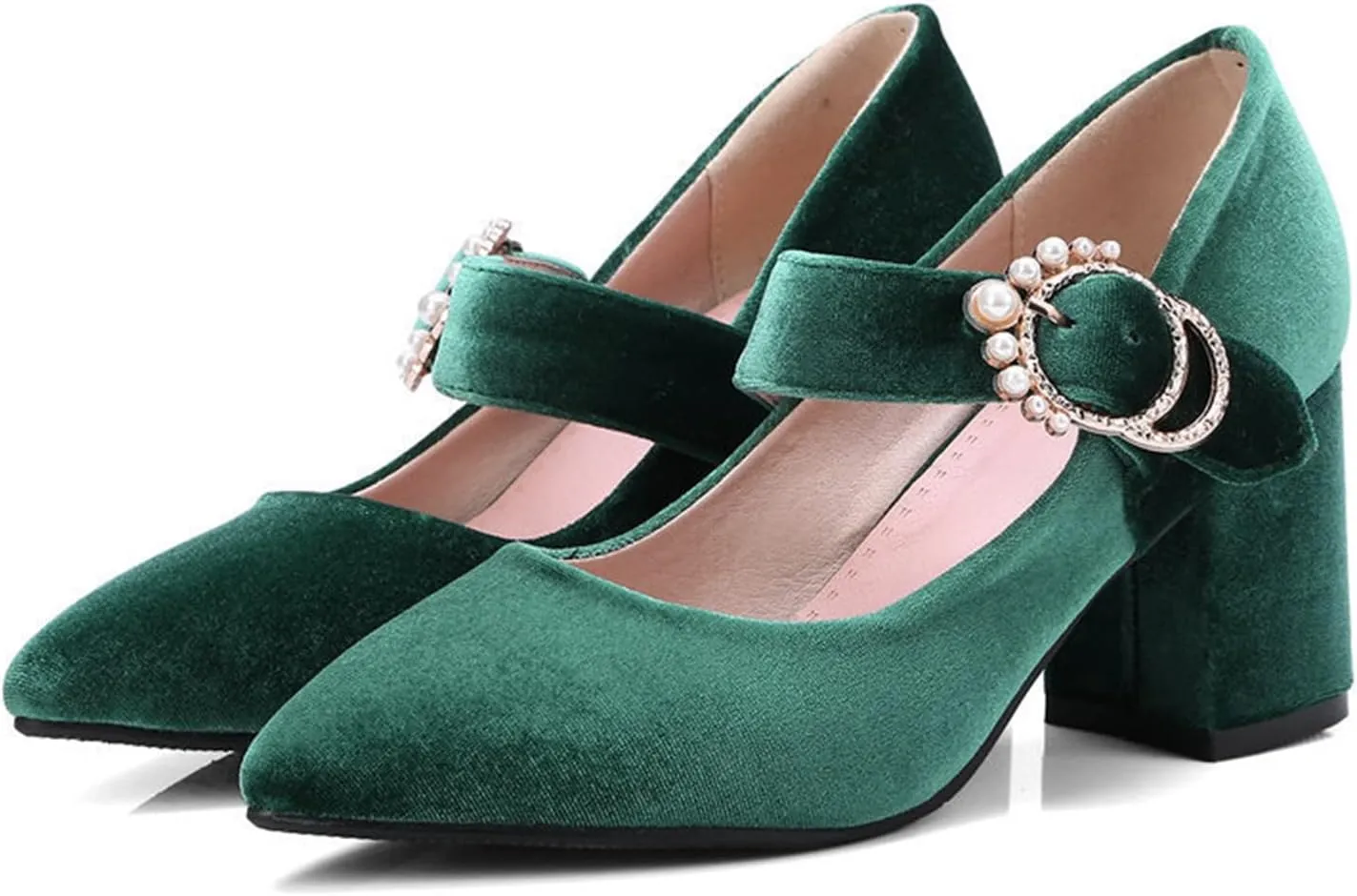 Women's Pointed Toe Mary Jane Dress Shoes Velvet Rhinestone Buckle Chunky High Heeled Wedding Pumps