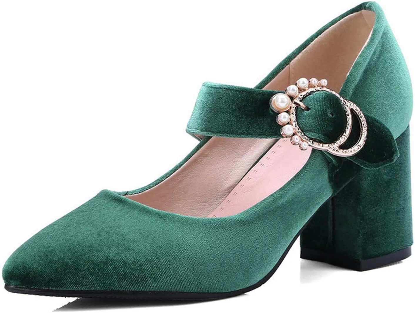Women's Pointed Toe Mary Jane Dress Shoes Velvet Rhinestone Buckle Chunky High Heeled Wedding Pumps