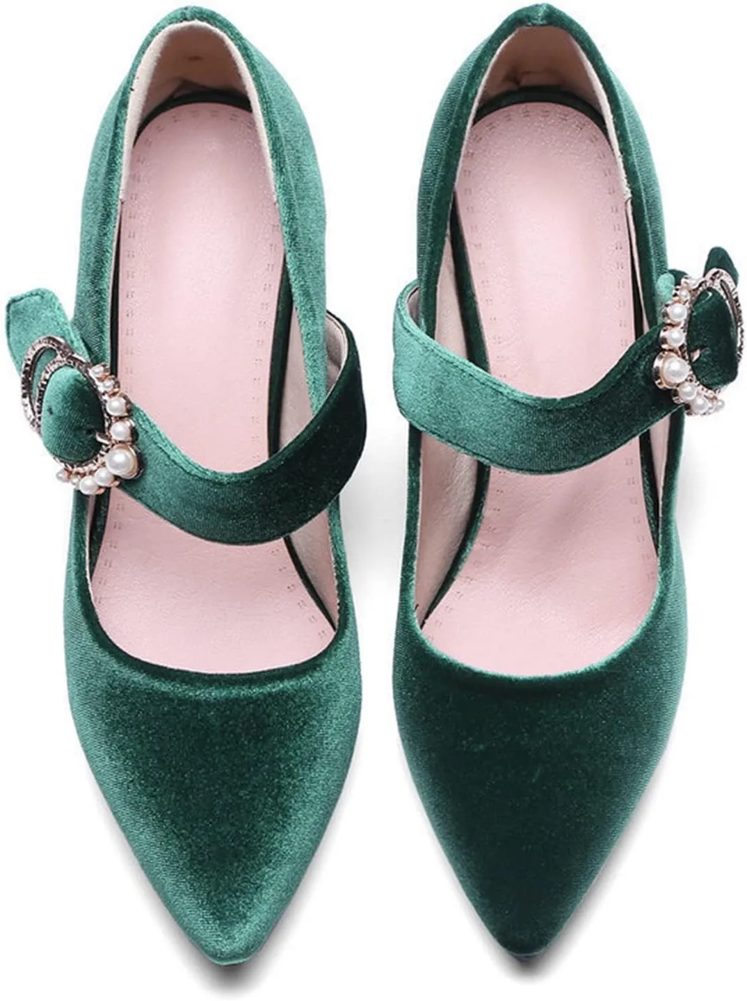 Women's Pointed Toe Mary Jane Dress Shoes Velvet Rhinestone Buckle Chunky High Heeled Wedding Pumps
