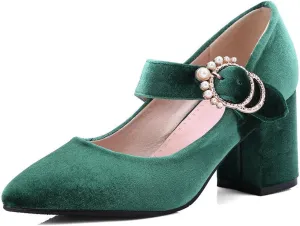 Women's Pointed Toe Mary Jane Dress Shoes Velvet Rhinestone Buckle Chunky High Heeled Wedding Pumps