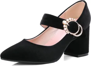 Women's Pointed Toe Mary Jane Dress Shoes Velvet Rhinestone Buckle Chunky High Heeled Wedding Pumps