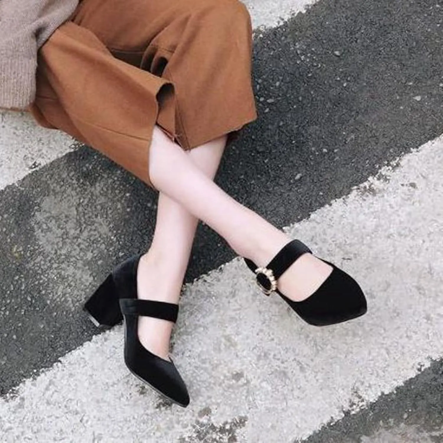 Women's Pointed Toe Mary Jane Dress Shoes Velvet Rhinestone Buckle Chunky High Heeled Wedding Pumps