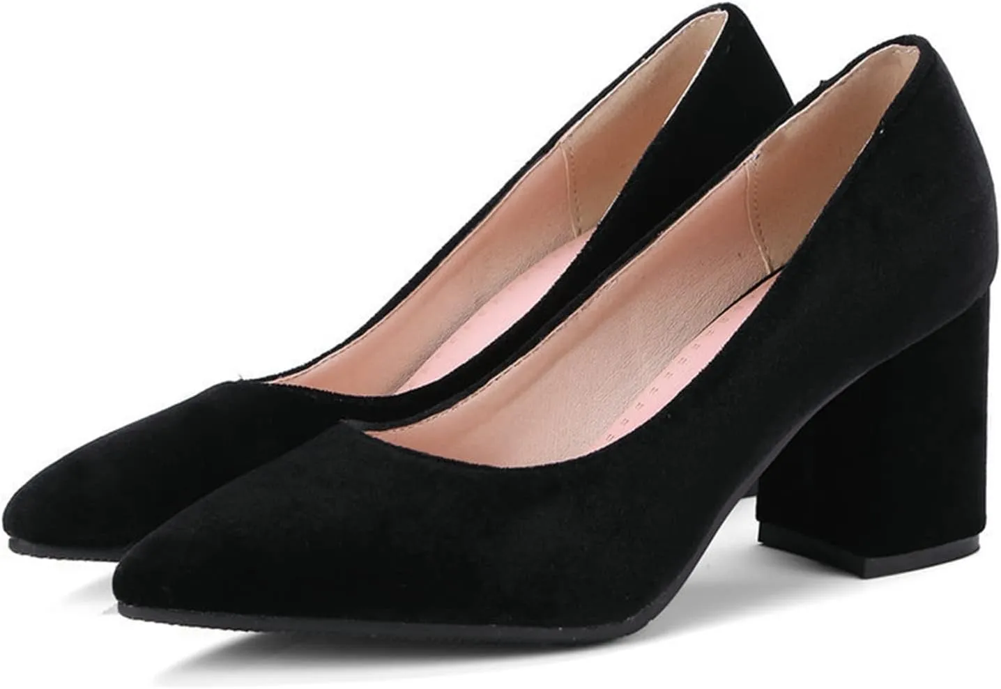 Womens Pointed Toe Slip On Pumps Chunky High Heel Casual Faux Suede Fashion Office Work Dress Shoes