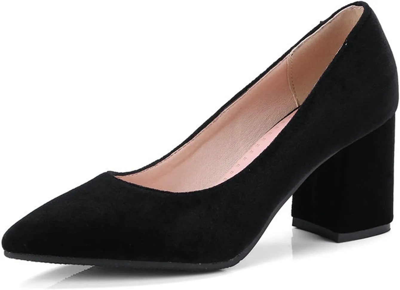 Womens Pointed Toe Slip On Pumps Chunky High Heel Casual Faux Suede Fashion Office Work Dress Shoes