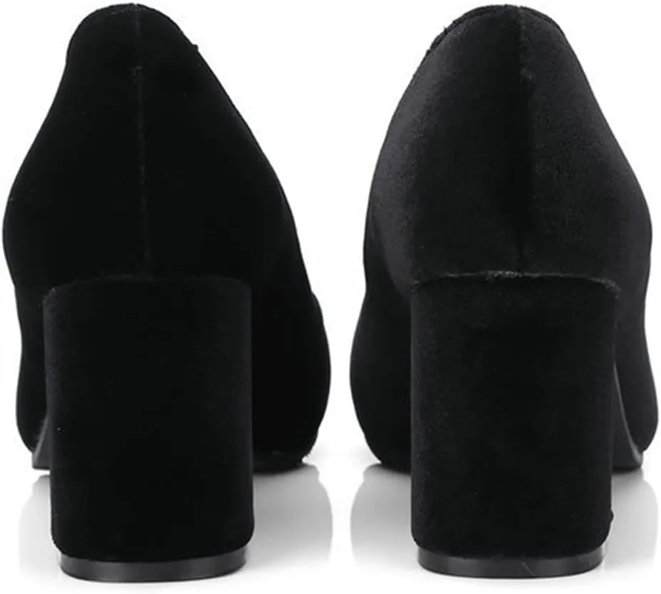 Womens Pointed Toe Slip On Pumps Chunky High Heel Casual Faux Suede Fashion Office Work Dress Shoes