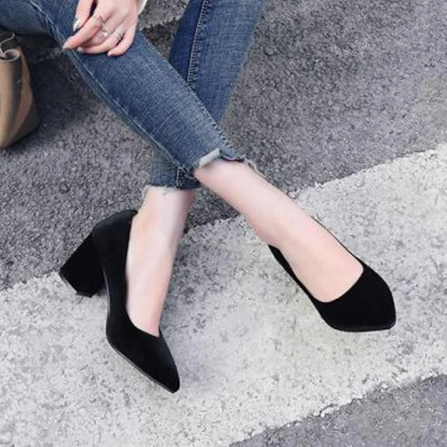 Womens Pointed Toe Slip On Pumps Chunky High Heel Casual Faux Suede Fashion Office Work Dress Shoes