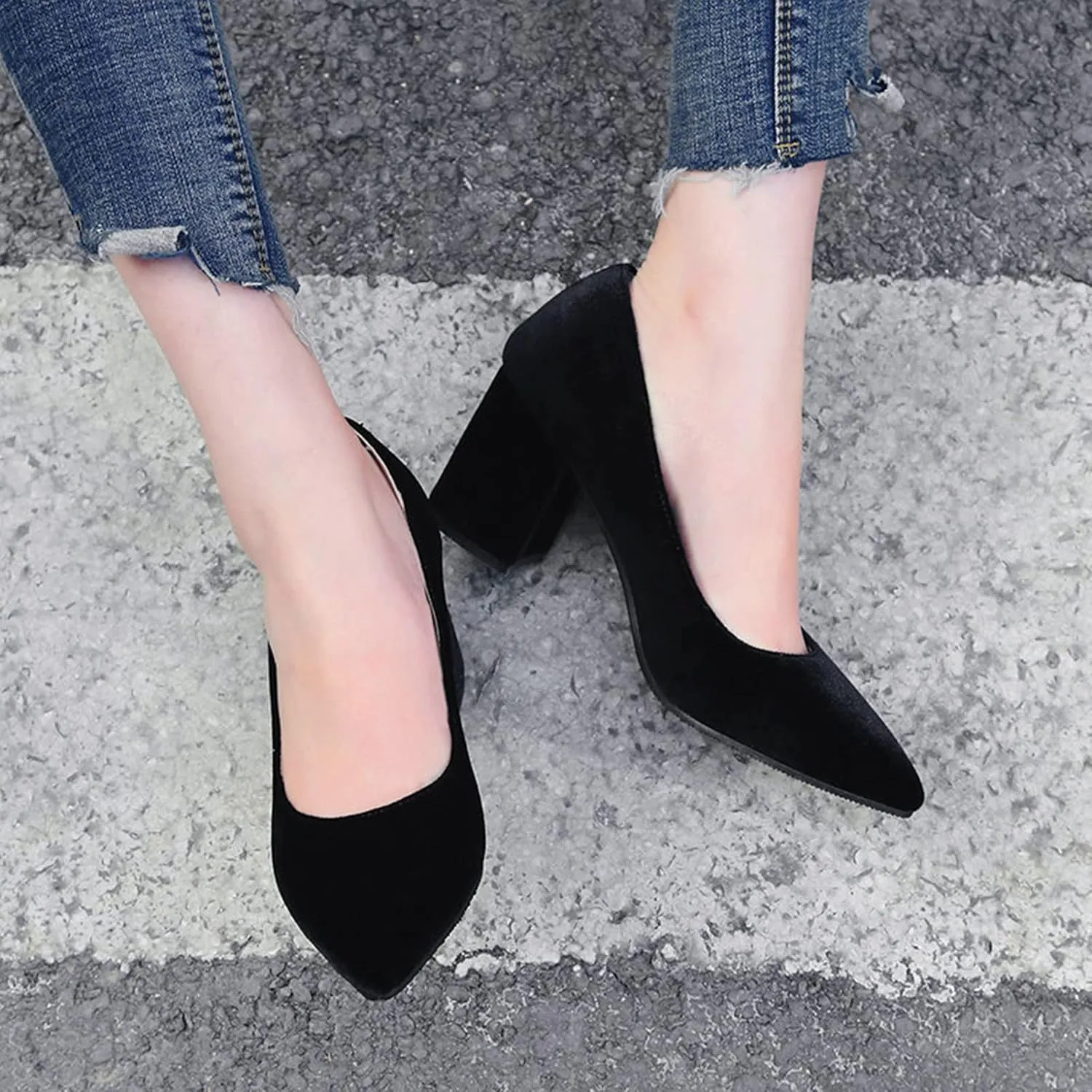 Womens Pointed Toe Slip On Pumps Chunky High Heel Casual Faux Suede Fashion Office Work Dress Shoes