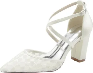 Womens Wedding Shoes Women's Pumps Bridal Shoes for The Bride Chunky Cross Strap Dress Shoes Satin Lace Block High(Ivory,6)