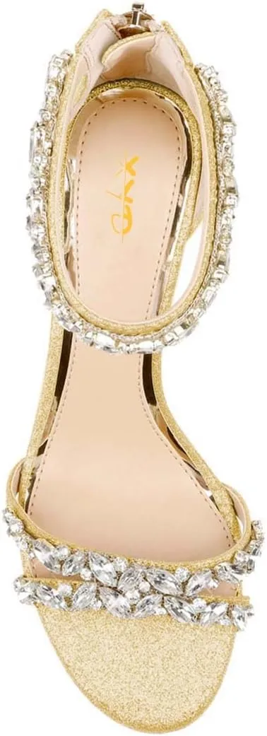 XYD Women Mid Heel Rhinestone Strappy Sandals Open Toe Ankle Strap Prom Evening Party Dressy Shoes