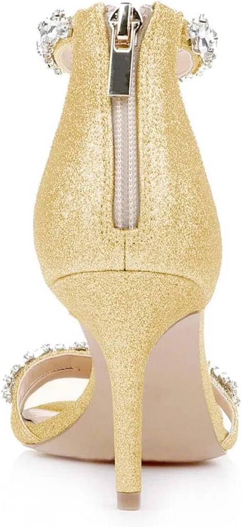 XYD Women Mid Heel Rhinestone Strappy Sandals Open Toe Ankle Strap Prom Evening Party Dressy Shoes
