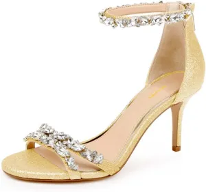 XYD Women Mid Heel Rhinestone Strappy Sandals Open Toe Ankle Strap Prom Evening Party Dressy Shoes