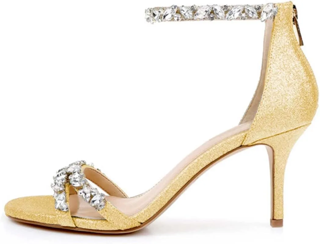 XYD Women Mid Heel Rhinestone Strappy Sandals Open Toe Ankle Strap Prom Evening Party Dressy Shoes