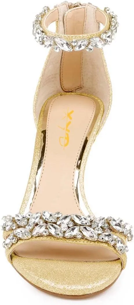 XYD Women Mid Heel Rhinestone Strappy Sandals Open Toe Ankle Strap Prom Evening Party Dressy Shoes