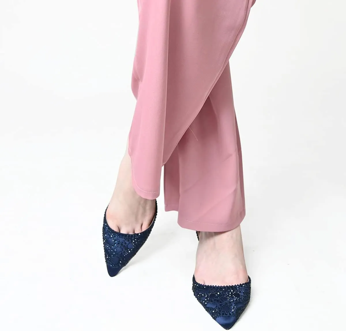 XYD Women's Pumps, Elegant Pointed Toe, D'Orsay Kitten Low Heels, Rhinestone Studs, Slip-On Satin Shoes for Wedding