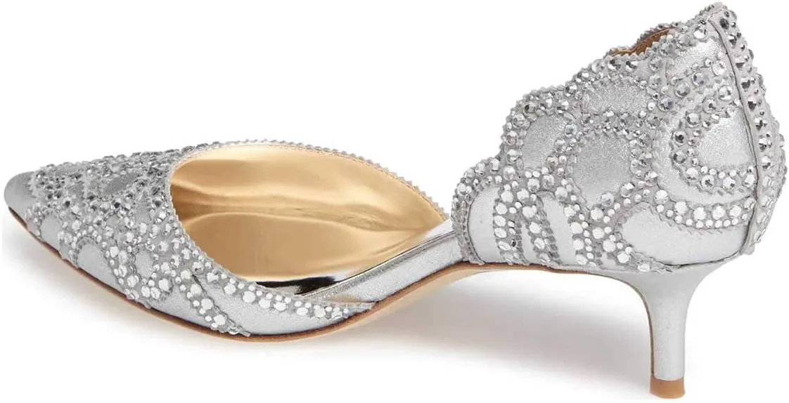 XYD Women's Pumps, Elegant Pointed Toe, D'Orsay Kitten Low Heels, Rhinestone Studs, Slip-On Satin Shoes for Wedding