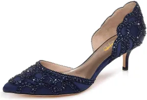 XYD Women's Pumps, Elegant Pointed Toe, D'Orsay Kitten Low Heels, Rhinestone Studs, Slip-On Satin Shoes for Wedding