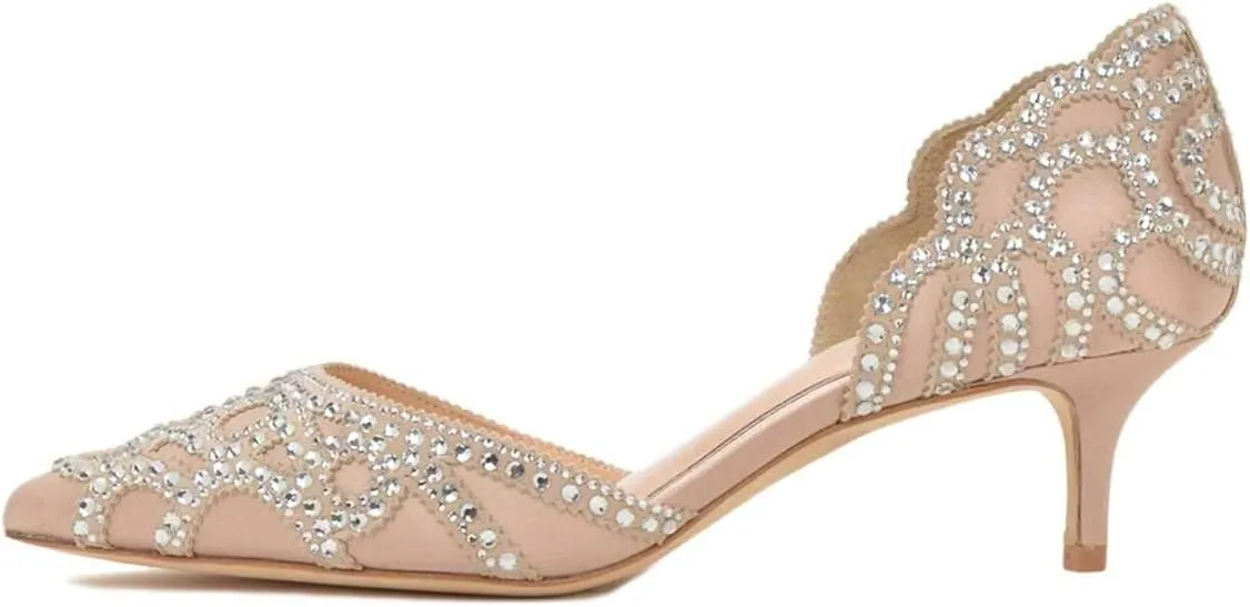 XYD Women's Pumps, Elegant Pointed Toe, D'Orsay Kitten Low Heels, Rhinestone Studs, Slip-On Satin Shoes for Wedding