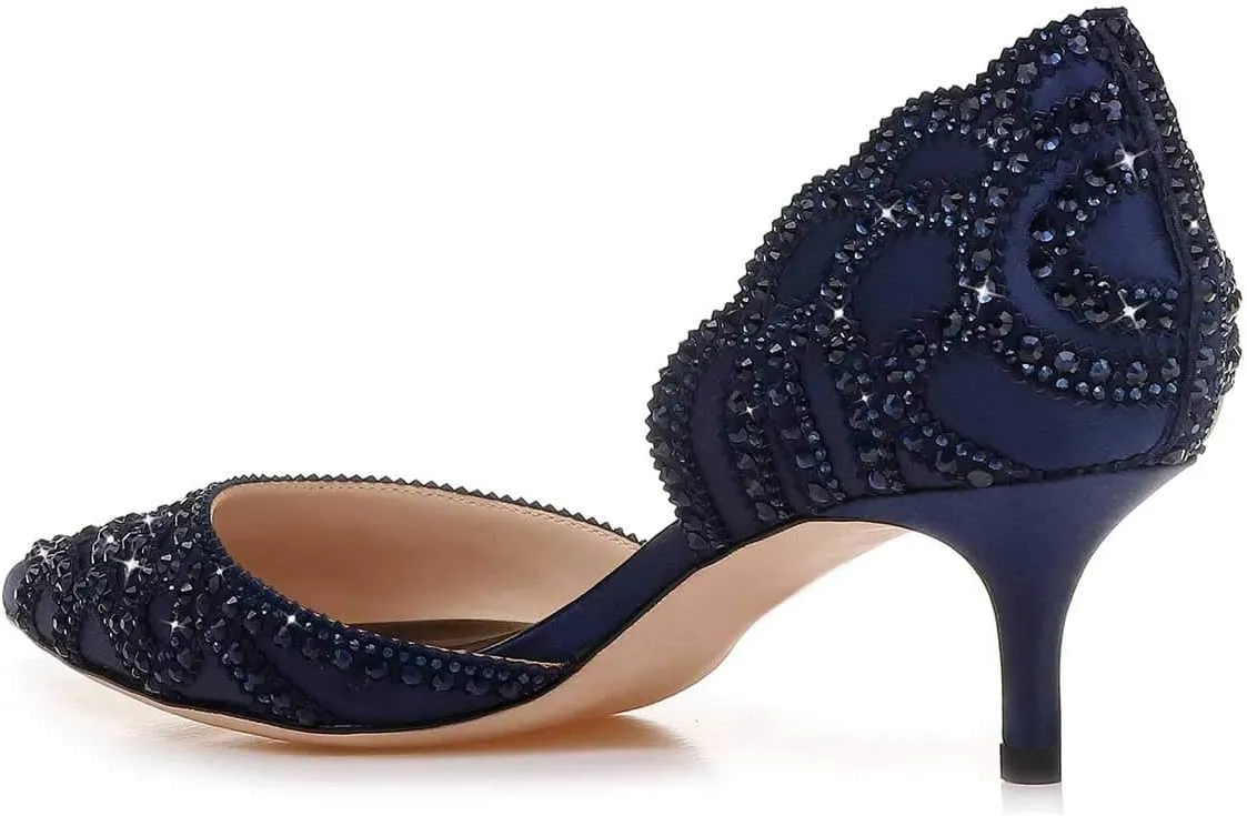 XYD Women's Pumps, Elegant Pointed Toe, D'Orsay Kitten Low Heels, Rhinestone Studs, Slip-On Satin Shoes for Wedding