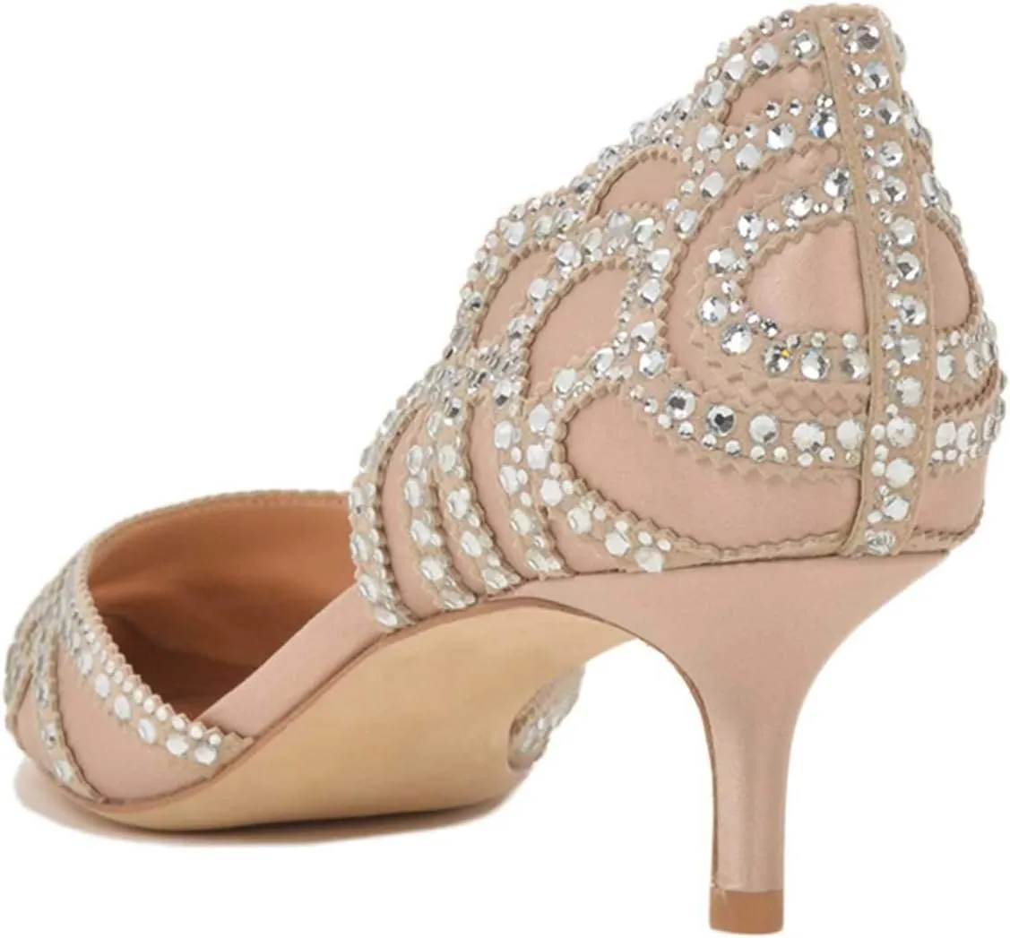 XYD Women's Pumps, Elegant Pointed Toe, D'Orsay Kitten Low Heels, Rhinestone Studs, Slip-On Satin Shoes for Wedding