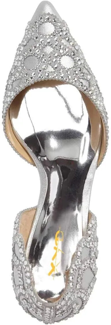 XYD Women's Pumps, Elegant Pointed Toe, D'Orsay Kitten Low Heels, Rhinestone Studs, Slip-On Satin Shoes for Wedding