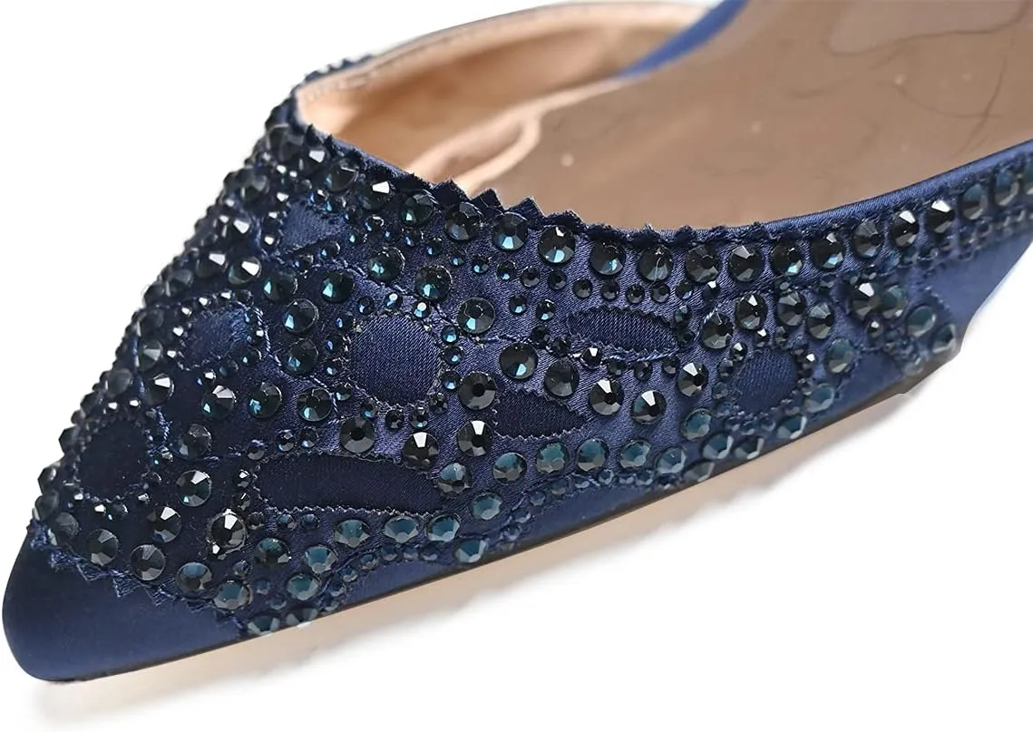 XYD Women's Pumps, Elegant Pointed Toe, D'Orsay Kitten Low Heels, Rhinestone Studs, Slip-On Satin Shoes for Wedding