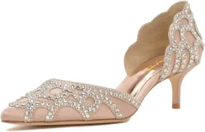 XYD Women's Pumps, Elegant Pointed Toe, D'Orsay Kitten Low Heels, Rhinestone Studs, Slip-On Satin Shoes for Wedding