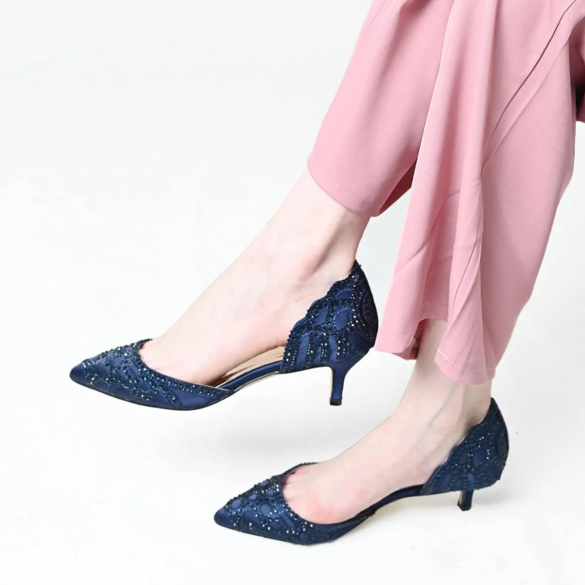 XYD Women's Pumps, Elegant Pointed Toe, D'Orsay Kitten Low Heels, Rhinestone Studs, Slip-On Satin Shoes for Wedding