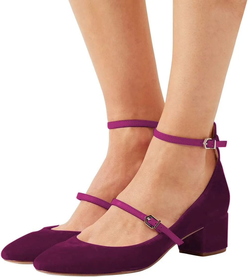XYD Womens Retro Mary Jane Block Heel Pumps Velvet Ankle Strap Round Toe Dress Shoes