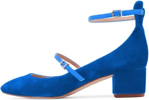 XYD Womens Retro Mary Jane Block Heel Pumps Velvet Ankle Strap Round Toe Dress Shoes