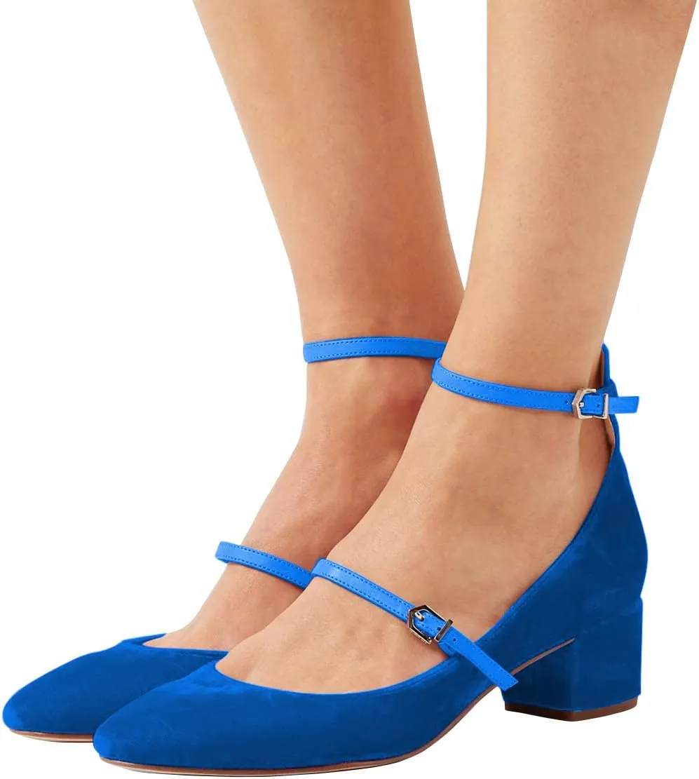 XYD Womens Retro Mary Jane Block Heel Pumps Velvet Ankle Strap Round Toe Dress Shoes
