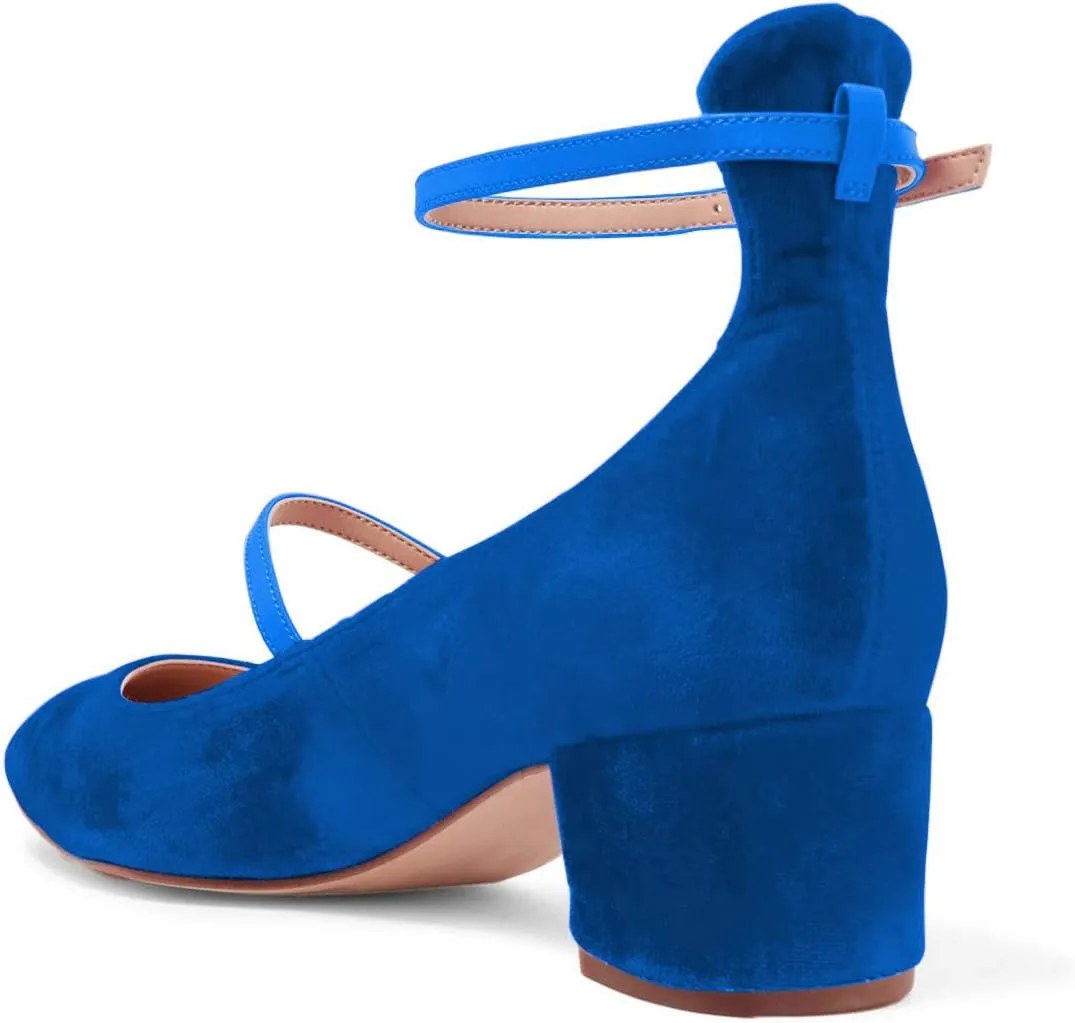 XYD Womens Retro Mary Jane Block Heel Pumps Velvet Ankle Strap Round Toe Dress Shoes