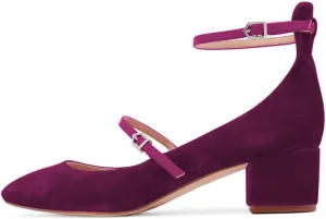 XYD Womens Retro Mary Jane Block Heel Pumps Velvet Ankle Strap Round Toe Dress Shoes