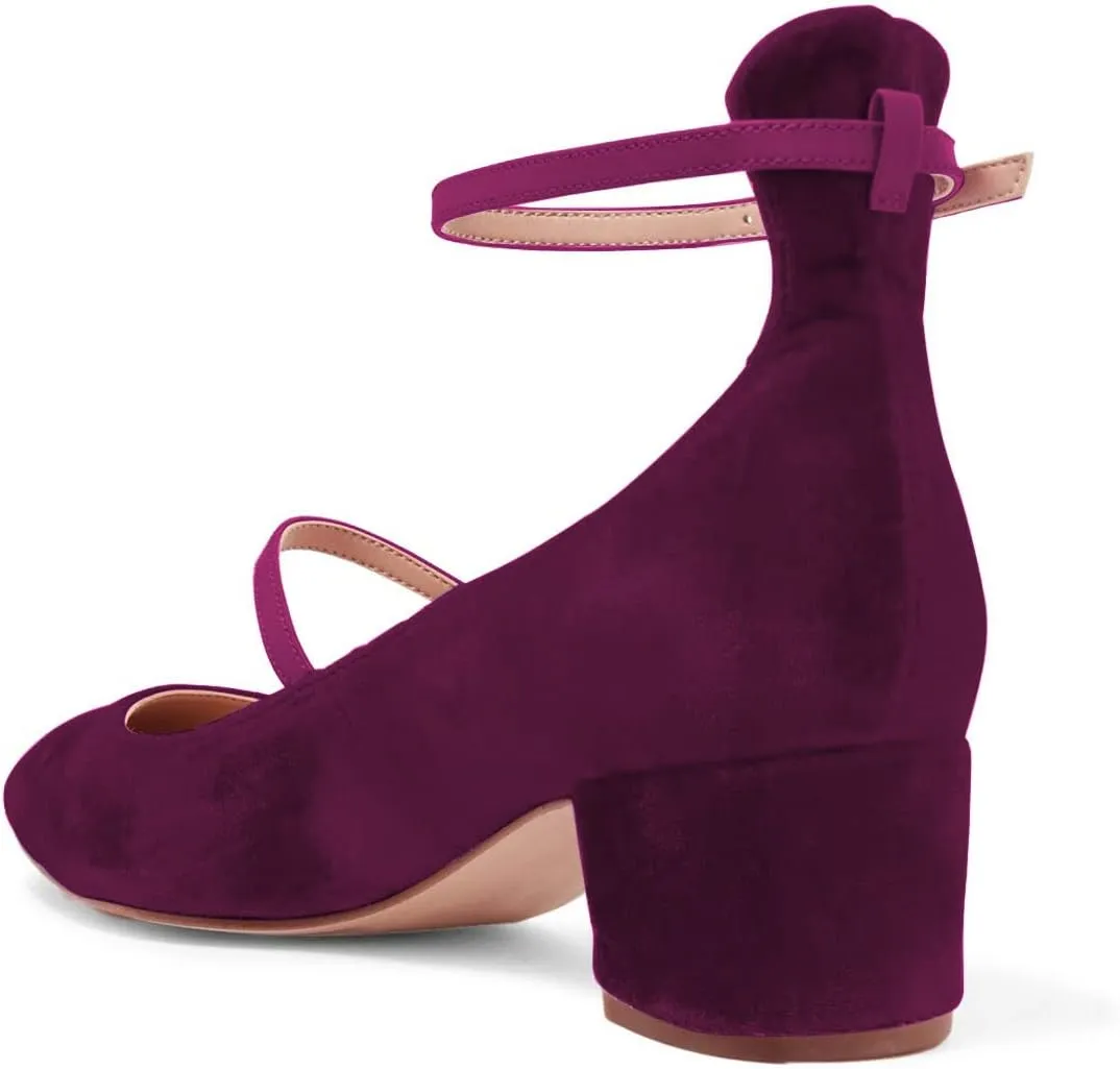 XYD Womens Retro Mary Jane Block Heel Pumps Velvet Ankle Strap Round Toe Dress Shoes