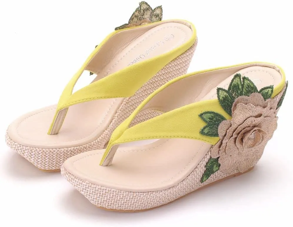 ZOOGEM Women's Embroidery Slides Wedge Sandals Hawaii Beach People Wedge Sandal Open Toe Bohemia Sandals Summer slippers (Yellow,9.5)