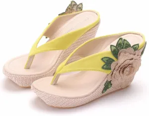 ZOOGEM Women's Embroidery Slides Wedge Sandals Hawaii Beach People Wedge Sandal Open Toe Bohemia Sandals Summer slippers (Yellow,9.5)